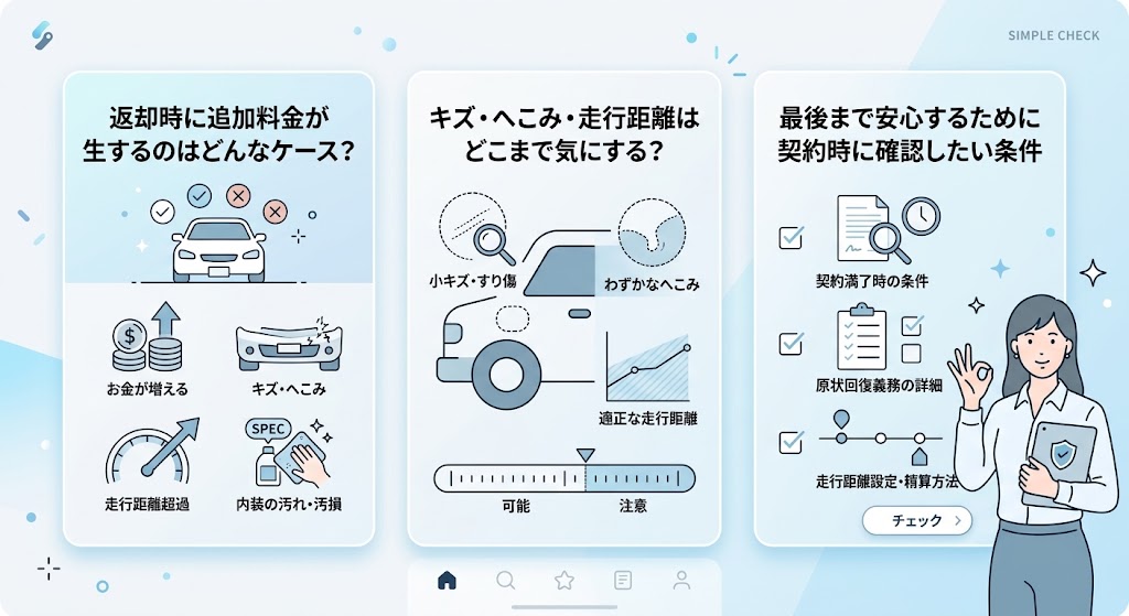 「カーリース返却時の追加料金が発生するケース、キズやへこみ・走行距離の確認ポイント、契約満了時の条件を解説するイラスト」